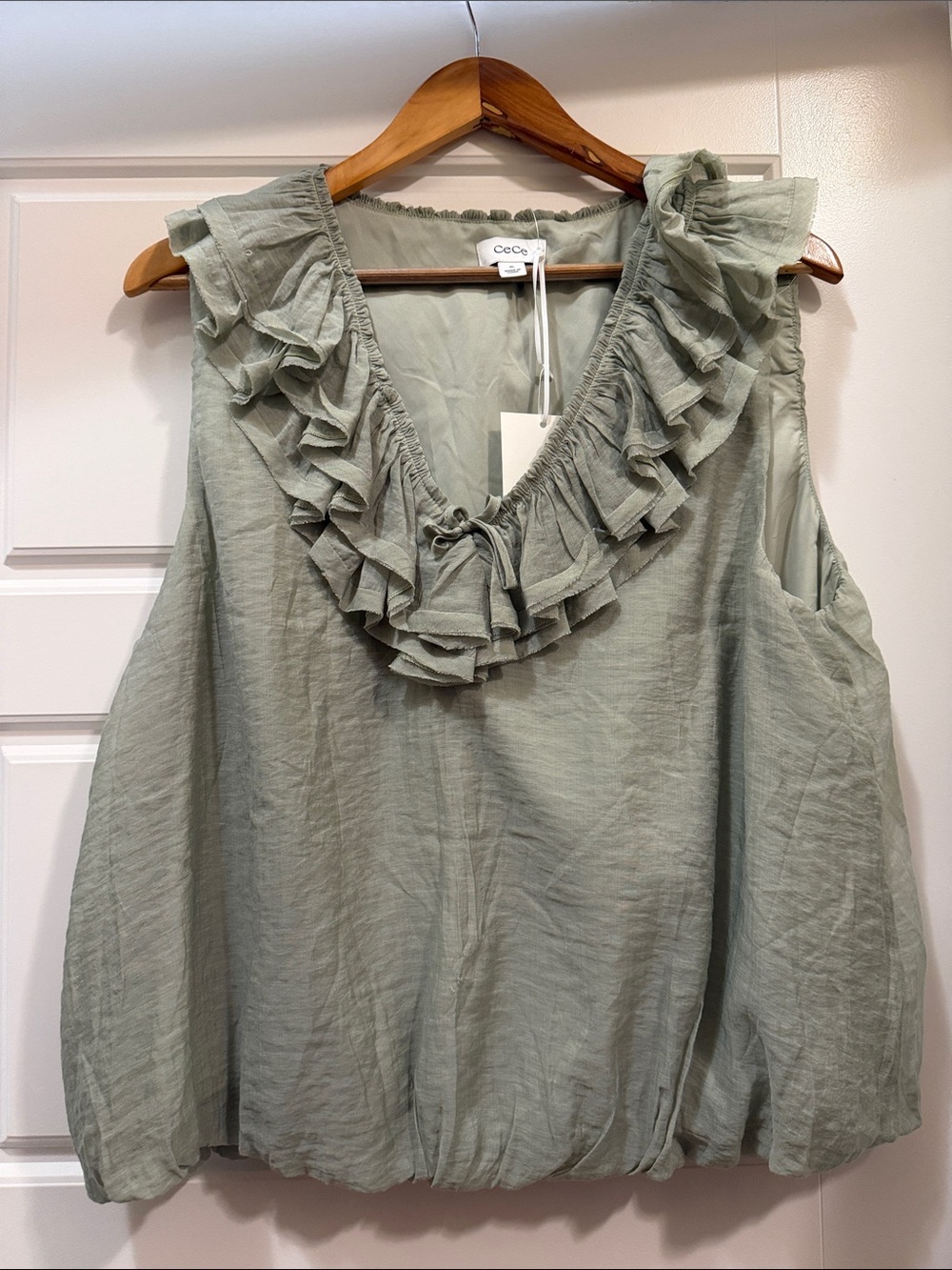CeCe Ruffled V-Neck Sleeveless Camisole in Sage Green